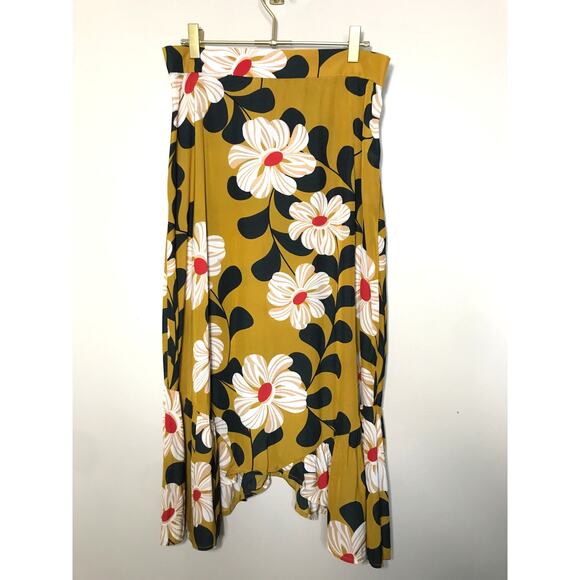 Eva Franco Anthropologie Ikebana Floral Ruffle Midi Skirt 12 Yellow - Picture 1 of 10